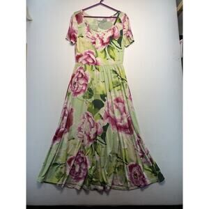 LuLaRoe M Green & Pink Floral Empire Waist Riley Midi Dress Feminine Cottagecore